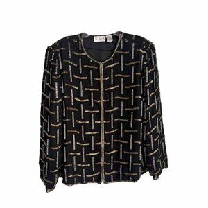 Scala Vtg Black Embellished Beaded 100% Silk Jacket Women's